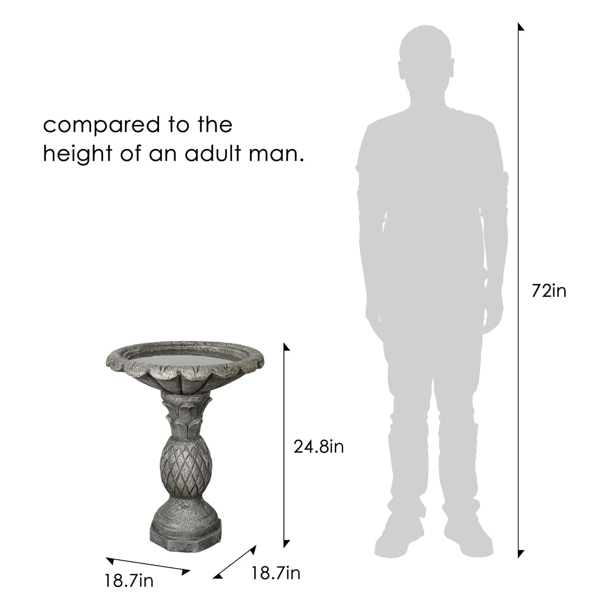 Scale comparison of the 24.8"H vintage pineapple texture concrete bird bath next to an adult human.