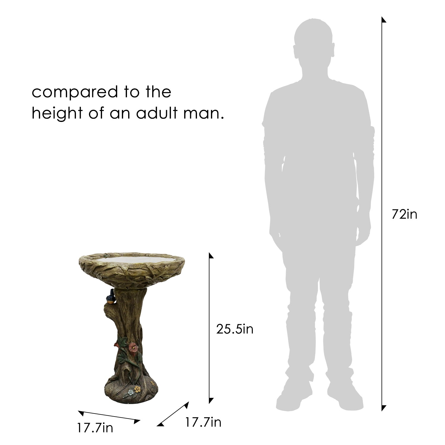 Scale comparison of the 25.5"H rustic tree shape bird bath next to an adult human silhouette.