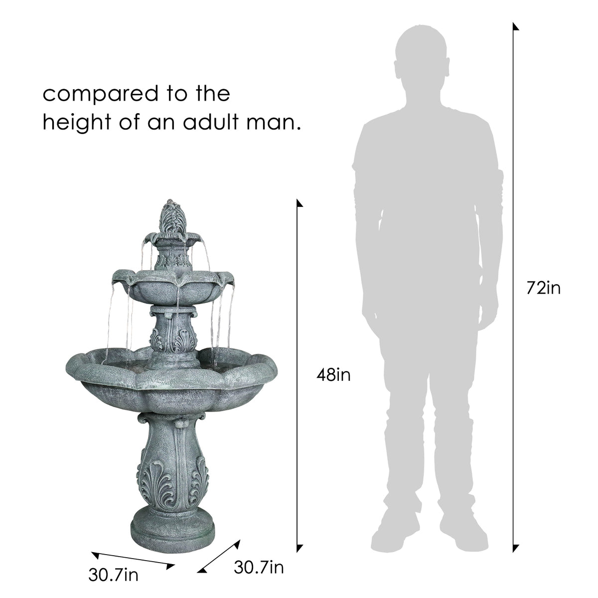 Concrete Pedestal Fountain Ornate 3 Tier Outdoor LED lit at night