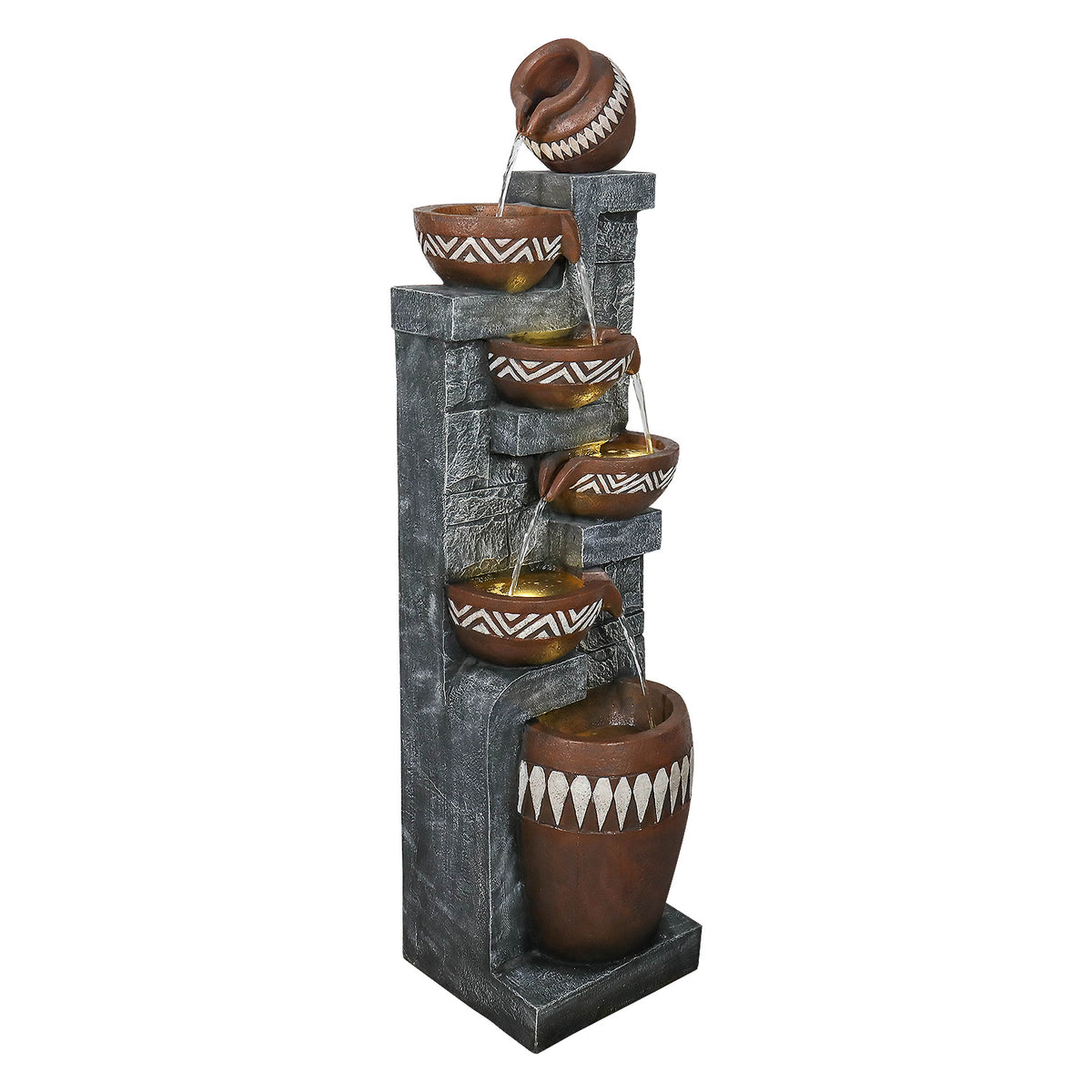 Resin Bohemian 6 Tier Tall Outdoor Water Fountain on patio