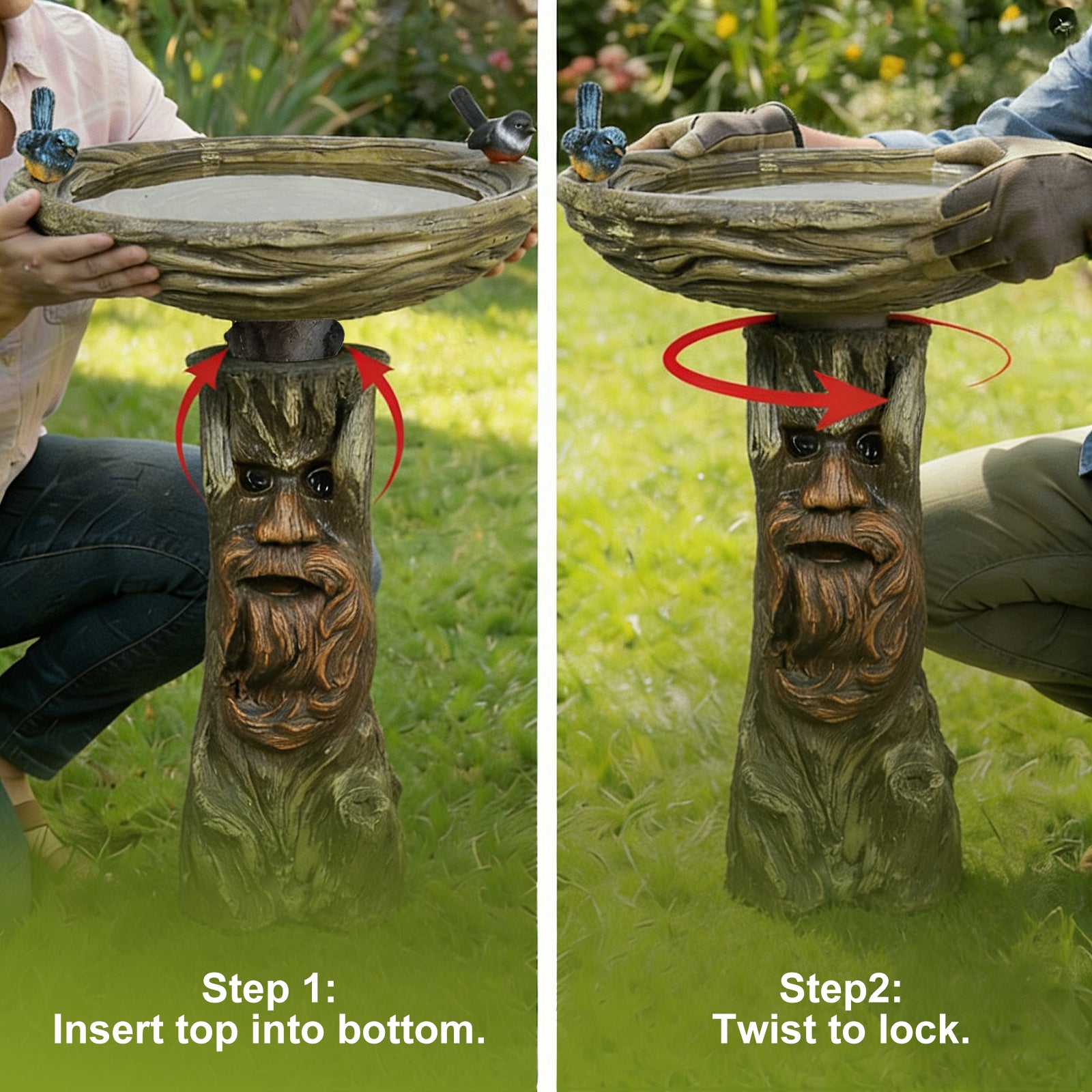 Step-by-step twist-lock assembly guide showing how to secure the bowl to the whimsical tree face pedestal.