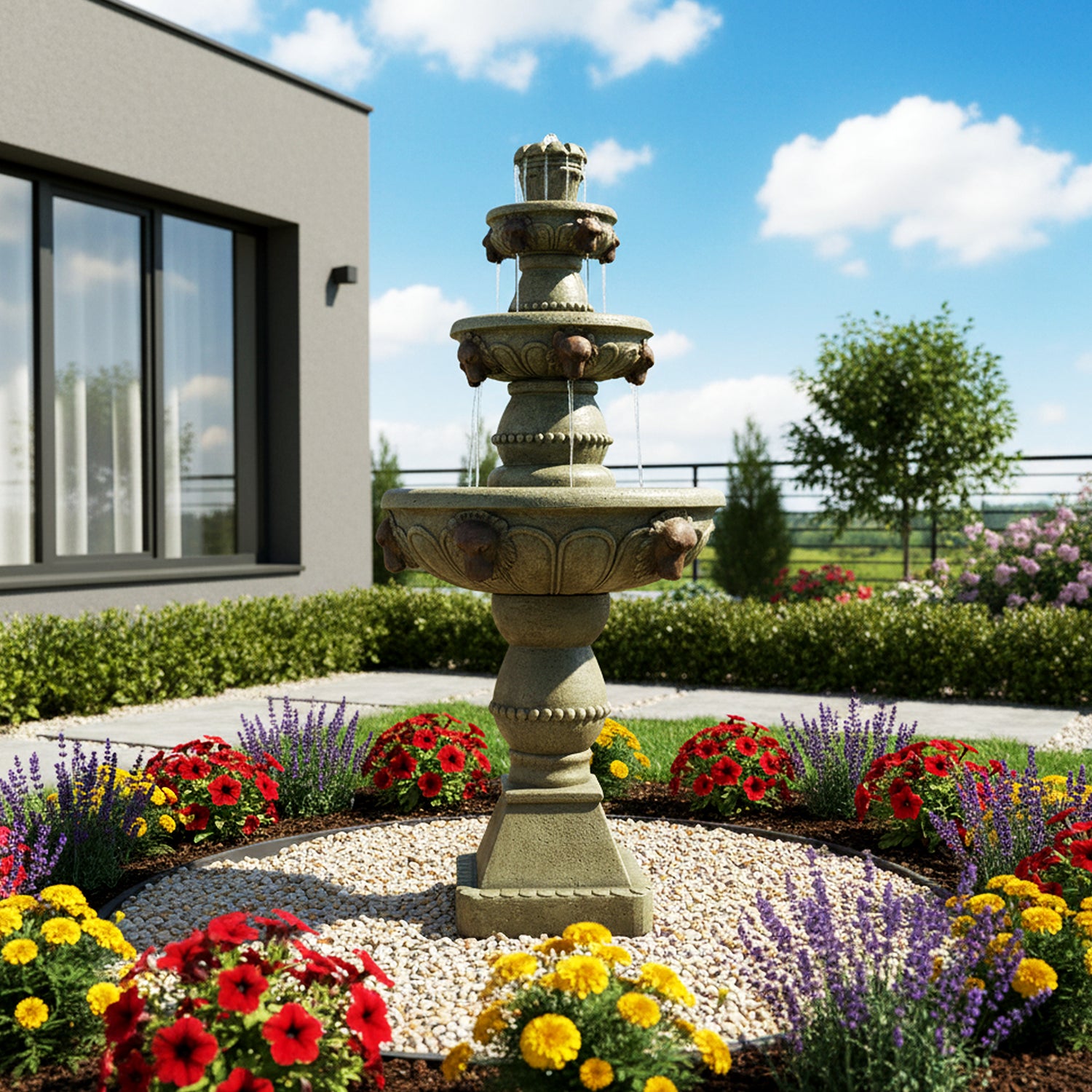 Concrete Lion Head Fountain 3 Tier Outdoor LED lit at night