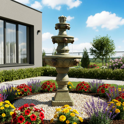 Concrete Lion Head Fountain 3 Tier Outdoor LED lit at night