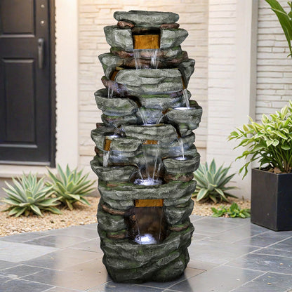 Resin Cliffside Rock Large Outdoor Water Fountain LED lit at night