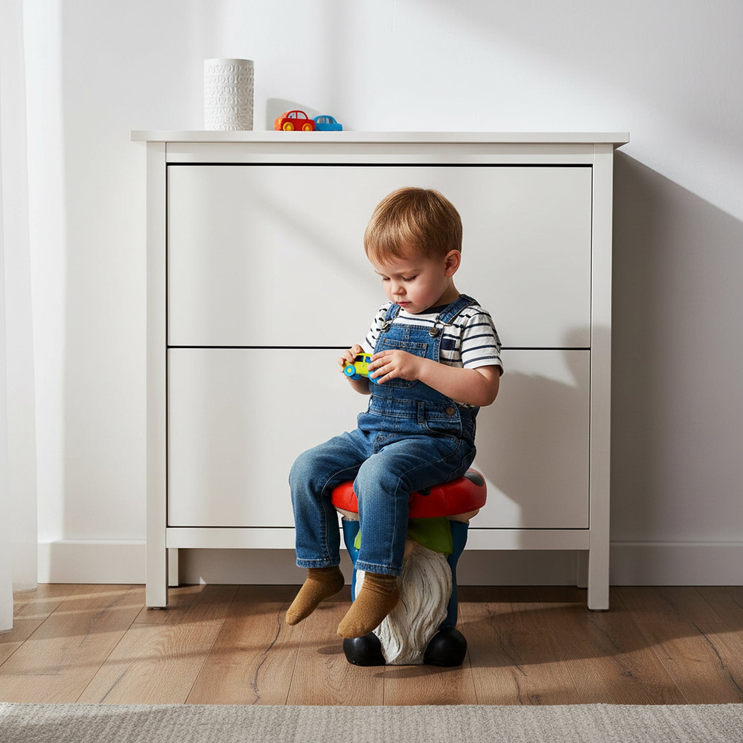 Toddler sitting securely on the cute gnome indoor stool acting as fun seating in a bright hallway.