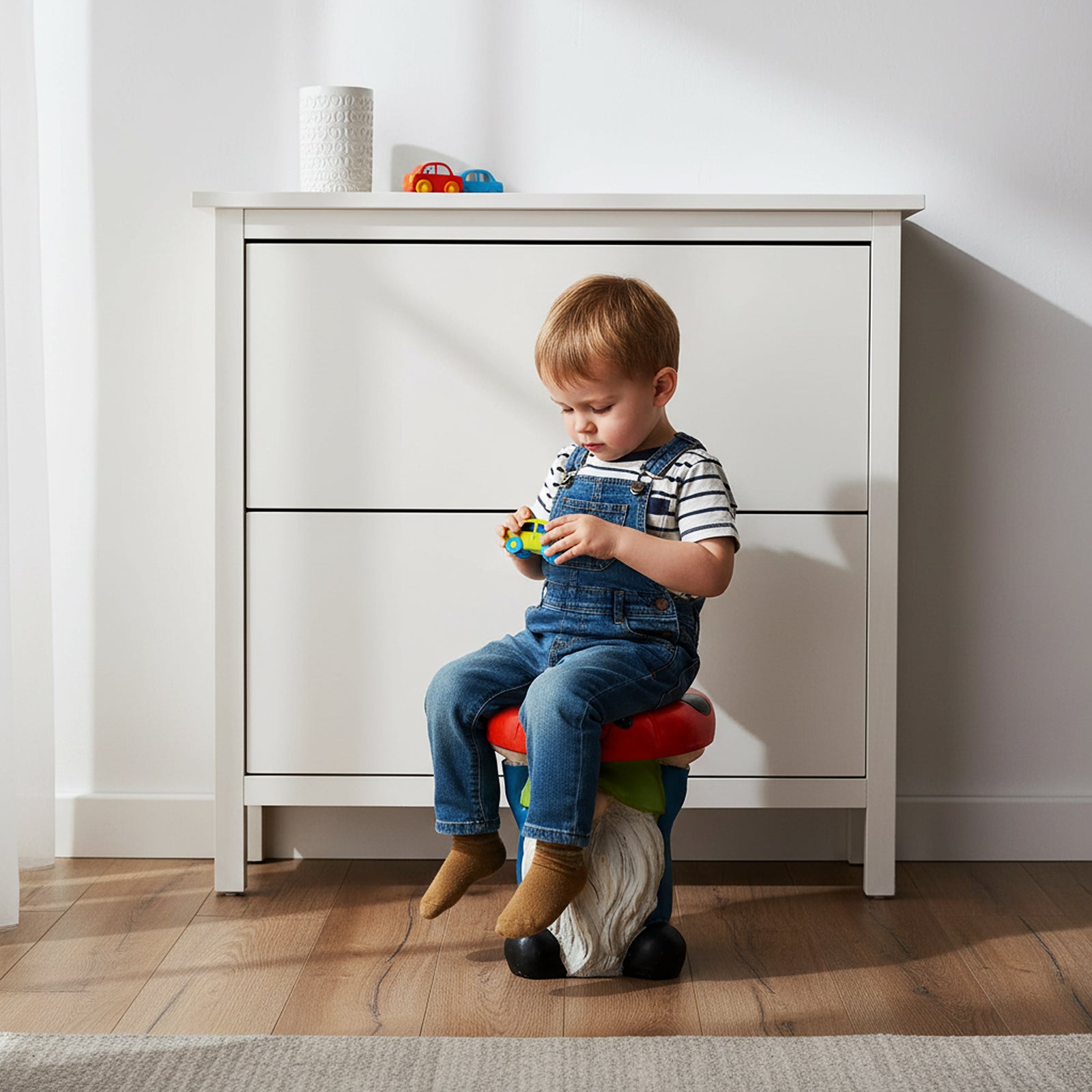 Toddler sitting securely on the cute gnome indoor stool acting as fun seating in a bright hallway.