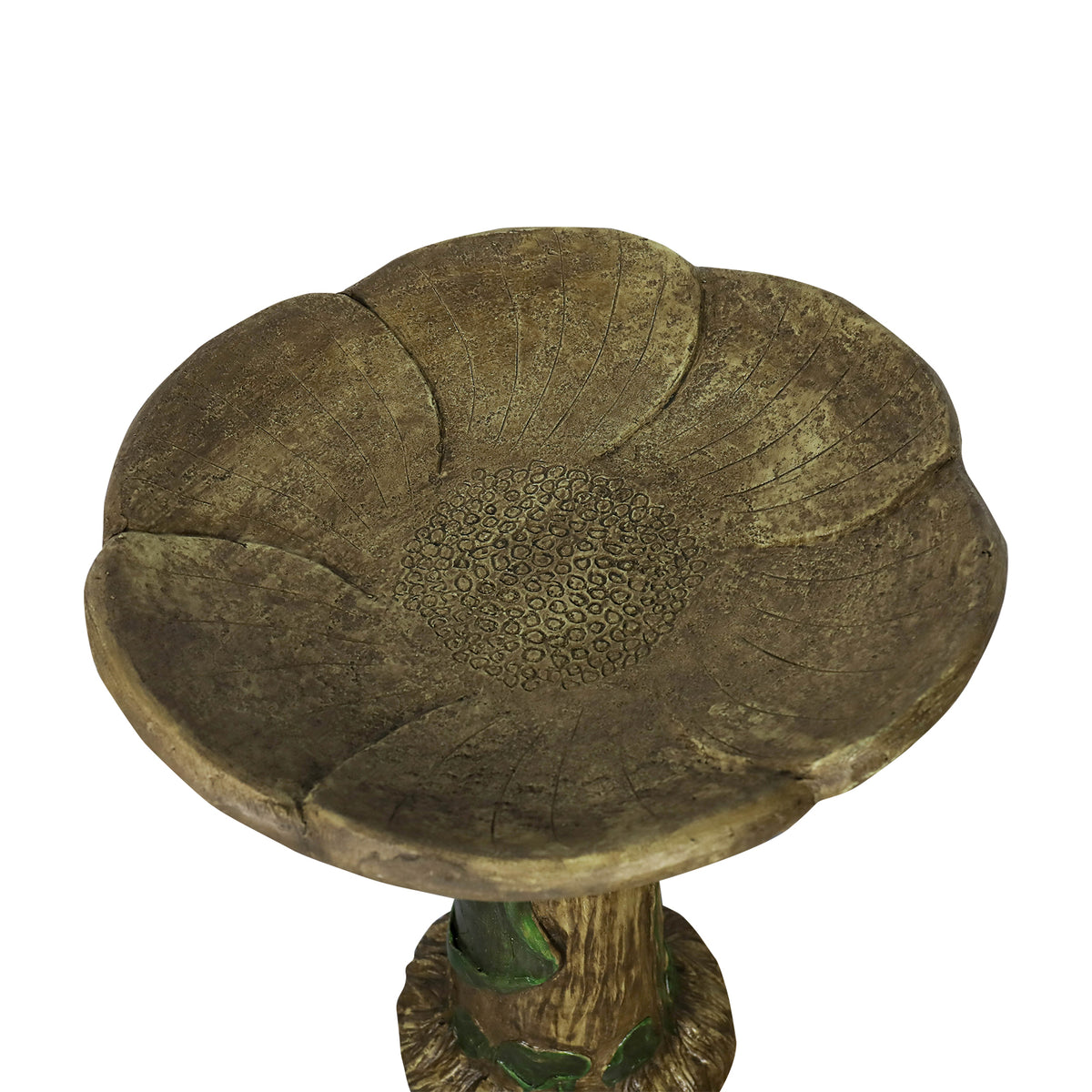 Top-down view of the 19-inch diameter bird bath bowl featuring a natural leaf pattern texture.