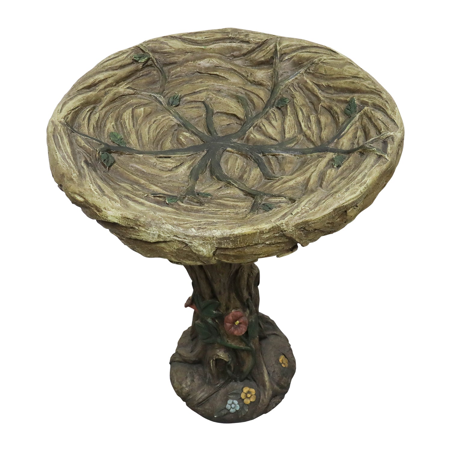 Top angled view of the 17.7" diameter shallow bowl of the rustic concrete tree shape bird bath on white.