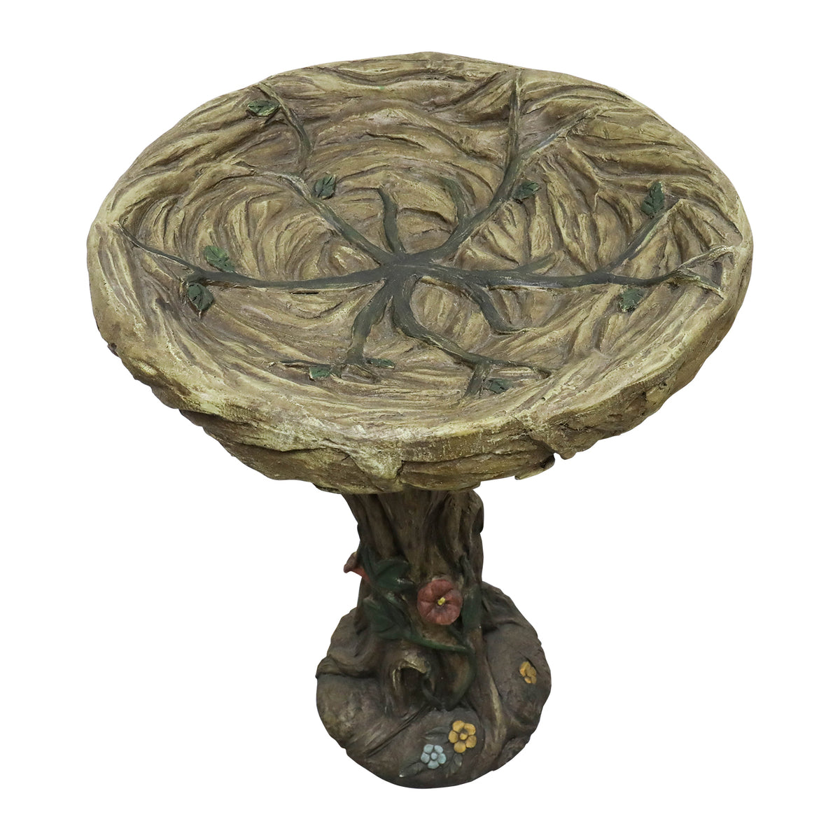 Angled view of the basin on a rustic concrete tree-trunk bird bath