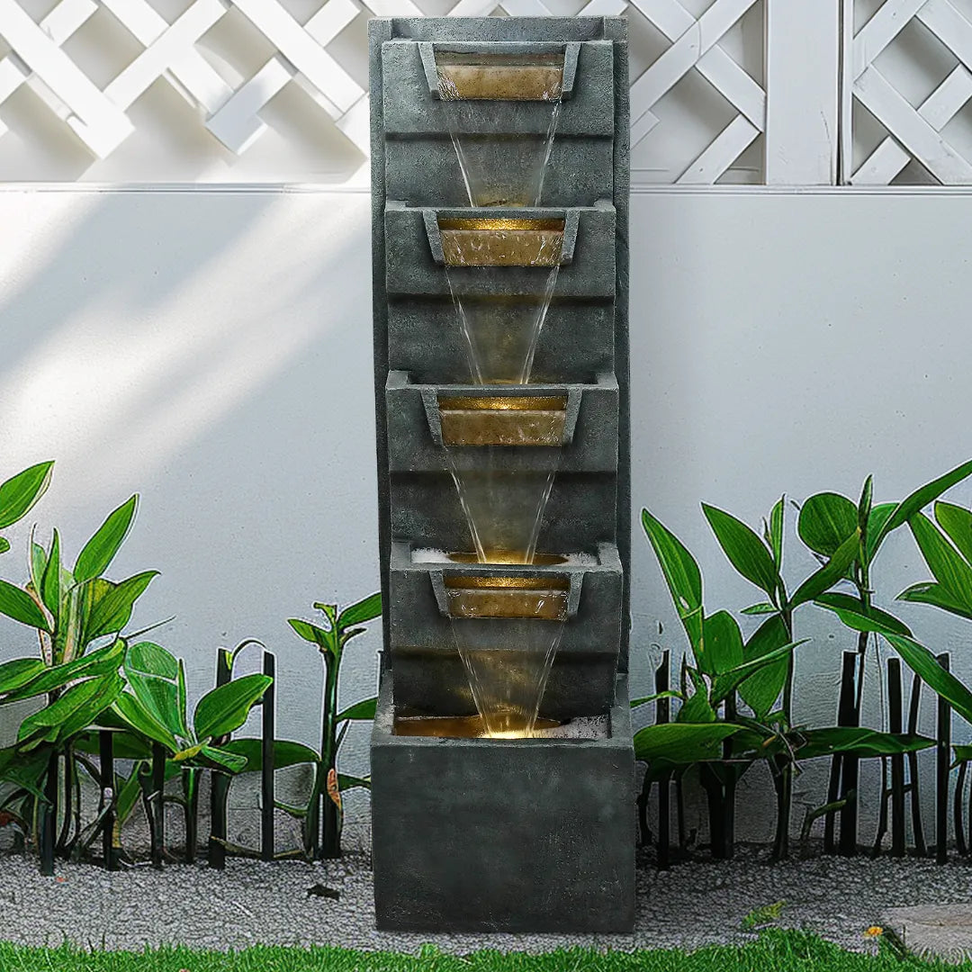 Resin Geometric Tall Outdoor Wall Fountain 79 Inch in garden setting