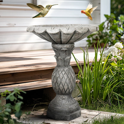 Vintage 24.8"H pineapple texture concrete birdbath serving as a beautiful focal point by a patio steps.
