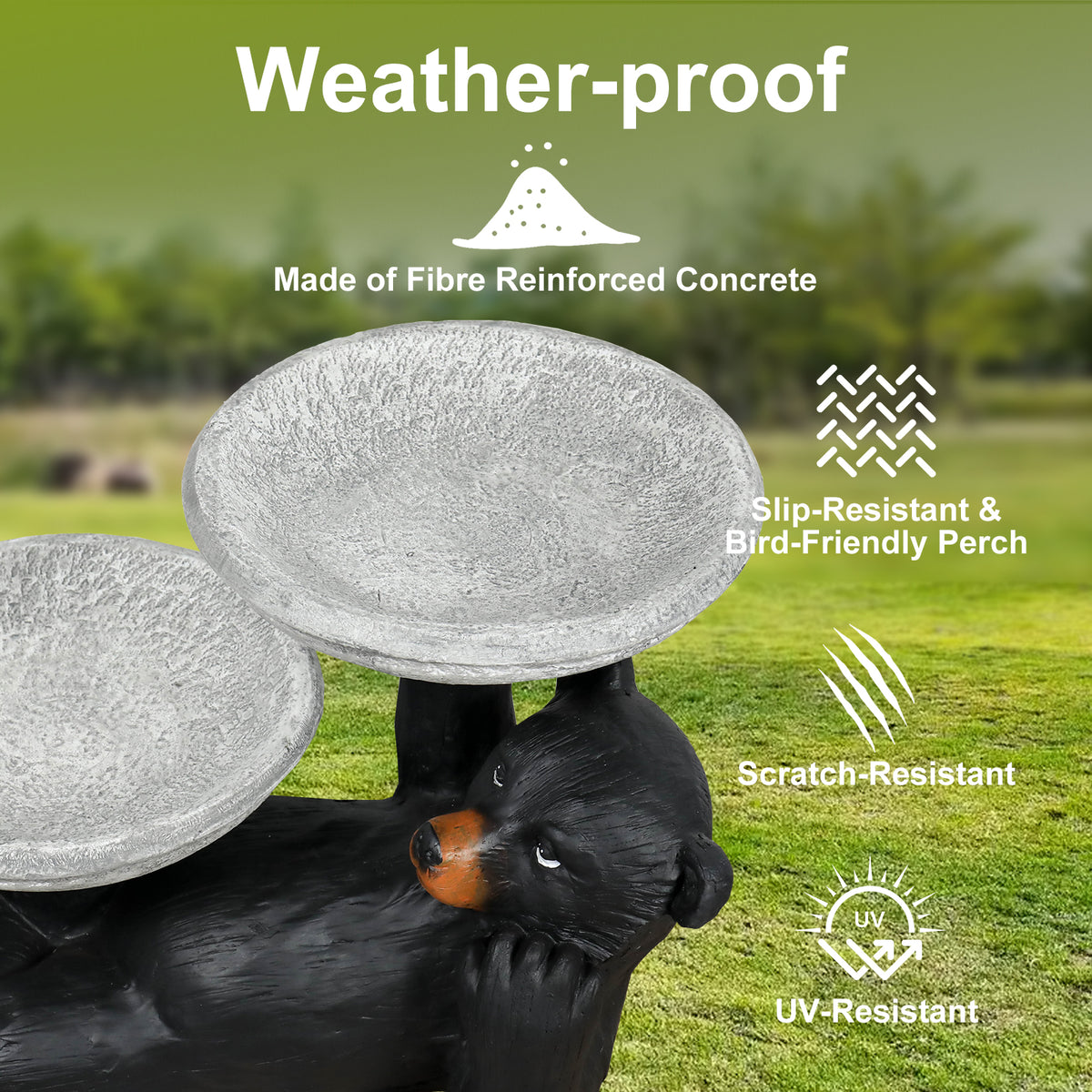 Concrete black bear bird bath and feeder with two bowls
