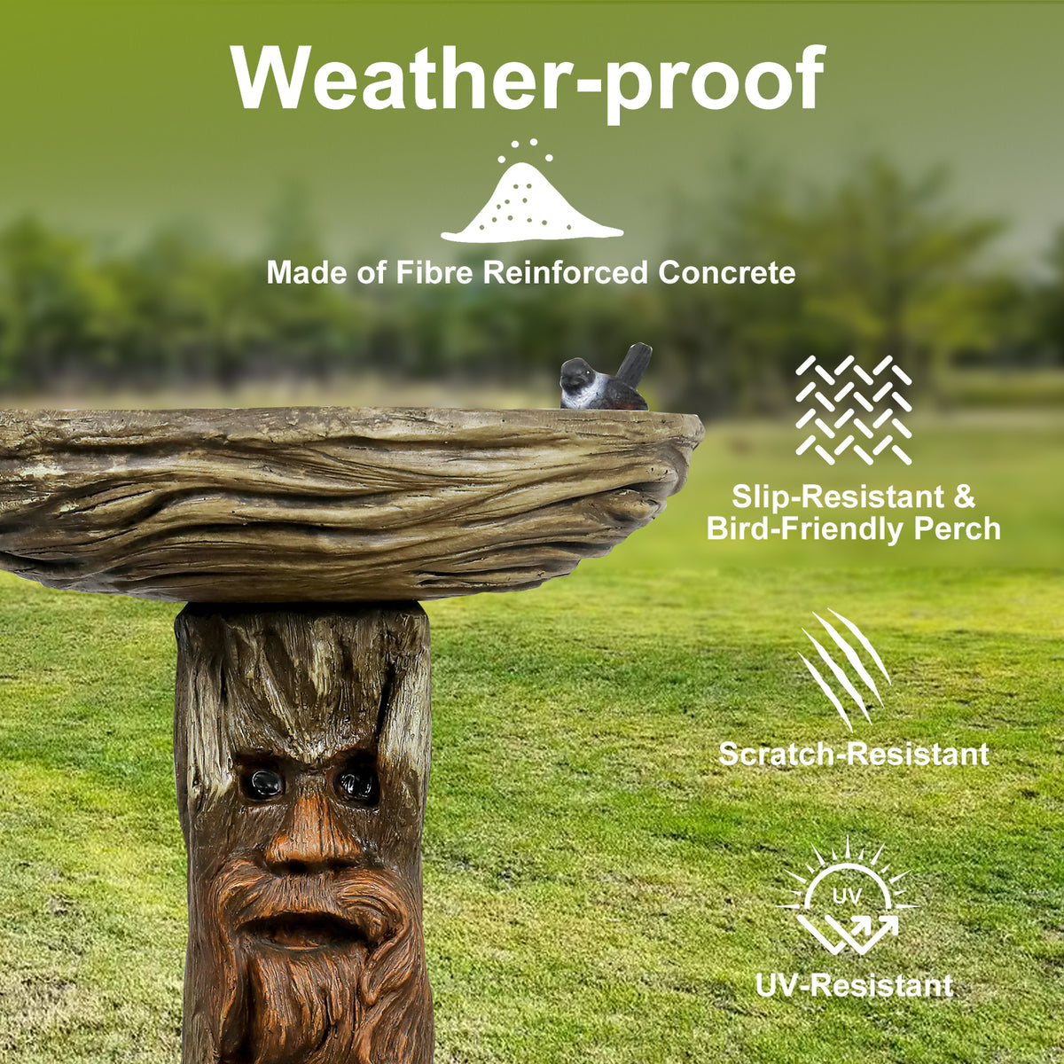 Weather-resistant fiber-reinforced concrete material highlights of the durable 23.6-inch high rustic birdbath.