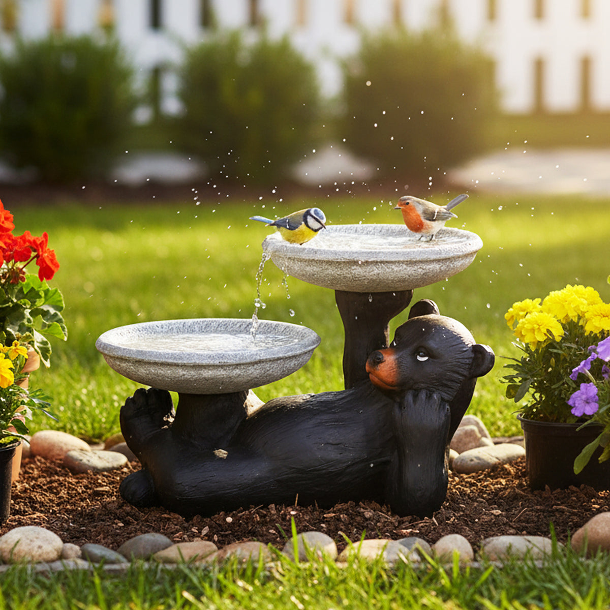 Whimsical 18"H black bear bird bath with two bowls in a sunny flower garden.