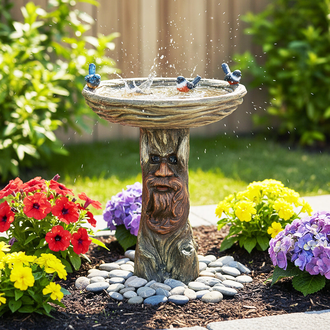 Whimsical 23.6"H old man tree face bird bath as a magical garden focal point surrounded by colorful flowers.