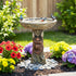 Whimsical 23.6"H old man tree face bird bath as a magical garden focal point surrounded by colorful flowers.
