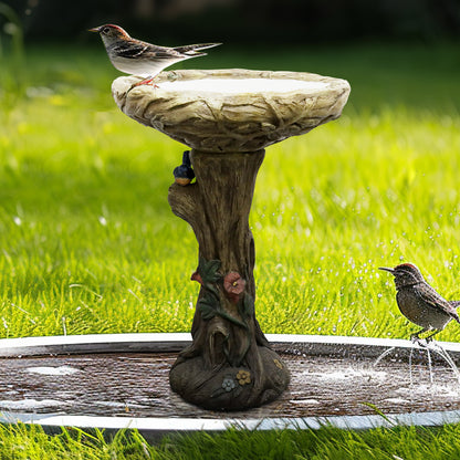 Wild birds enjoying the hygienic water in the 25.5"H sturdy concrete tree shape outdoor bird bath.