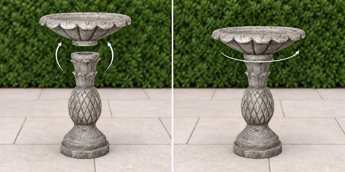 Pineapple pedestal concrete bird bath basin lowering onto its pedestal then turning to lock
