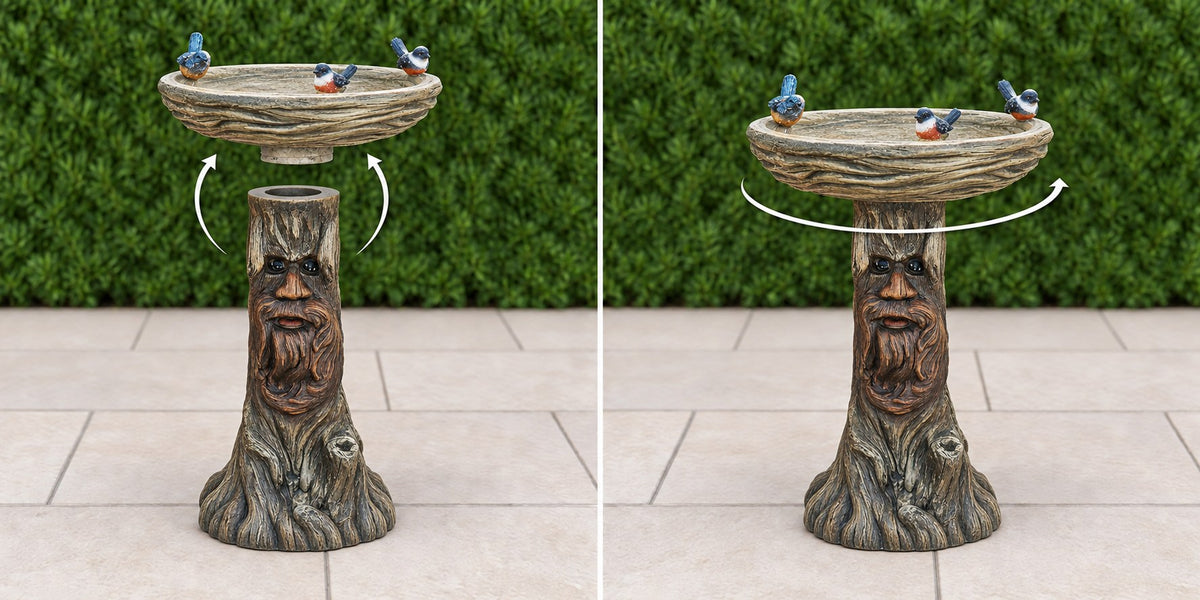 Tree face concrete bird bath basin lowering onto its carved pedestal then turning to lock