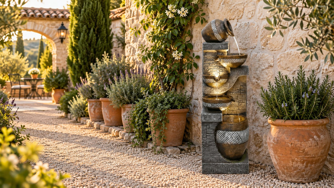 Bronze urn fountain pouring into stacked bowls at the end of a gravel path lined with terracotta pots