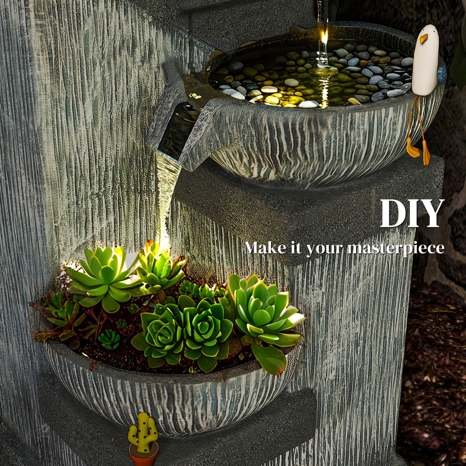 Resin Tiered Outdoor Fountain 4 Bowl Two Tone LED lit at night