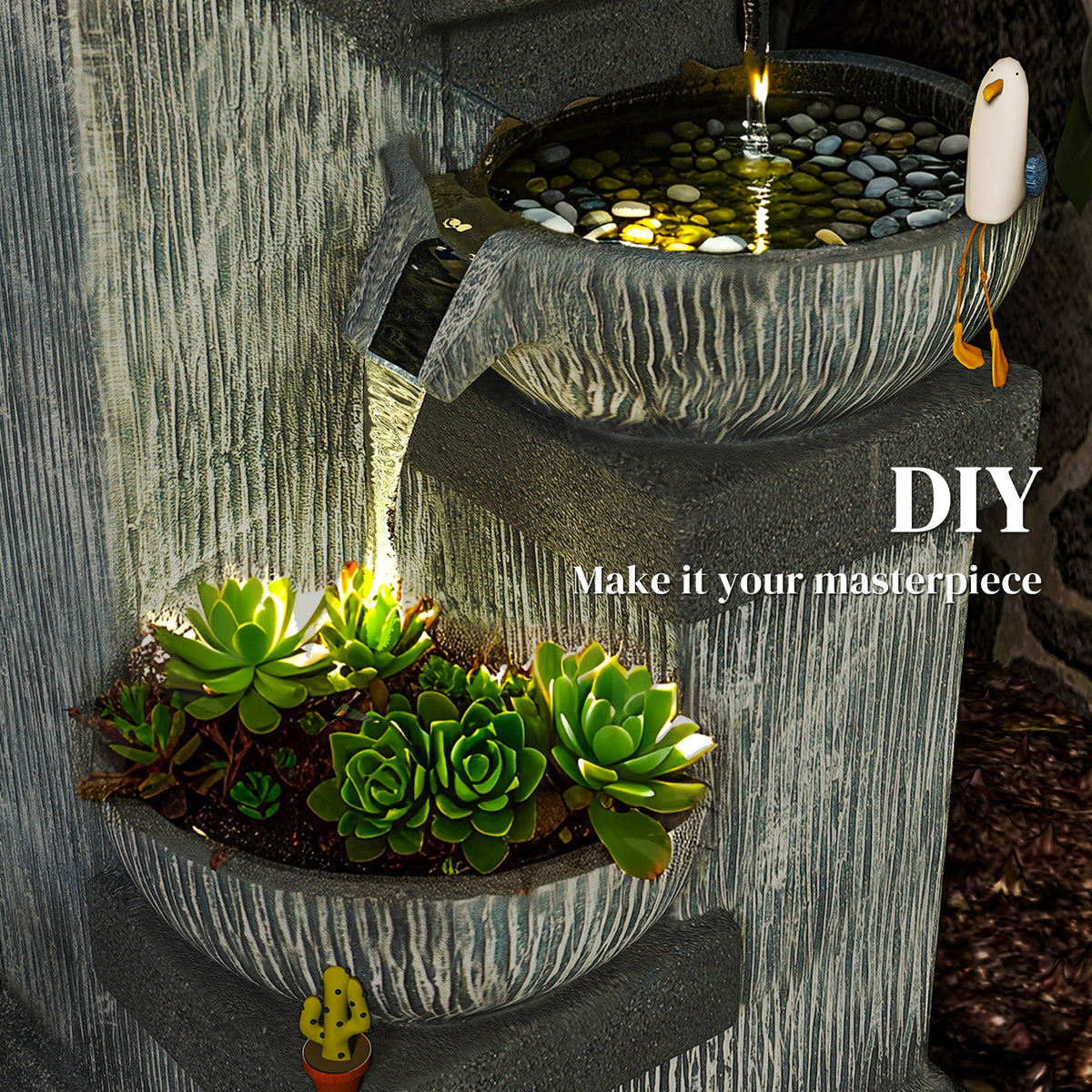 Resin Tiered Outdoor Fountain 4 Bowl Two Tone LED lit at night
