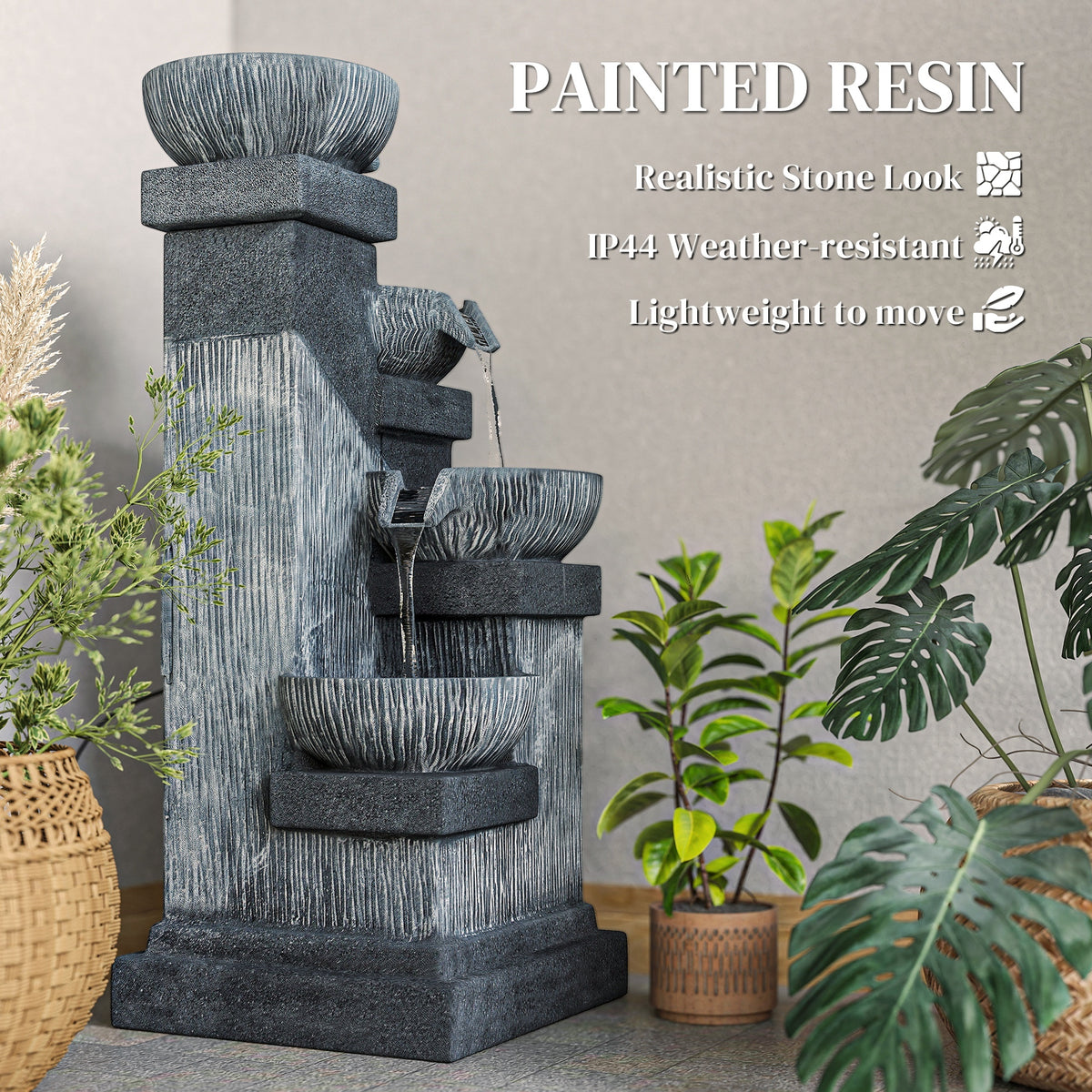 Resin Tiered Outdoor Fountain 4 Bowl Two Tone dimensions and size