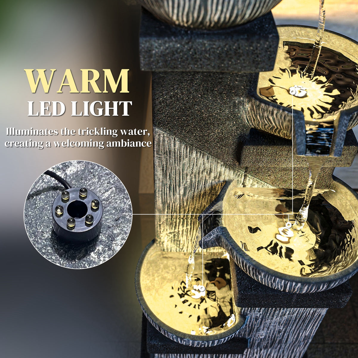 Resin Tiered Outdoor Fountain 4 Bowl Two Tone on patio