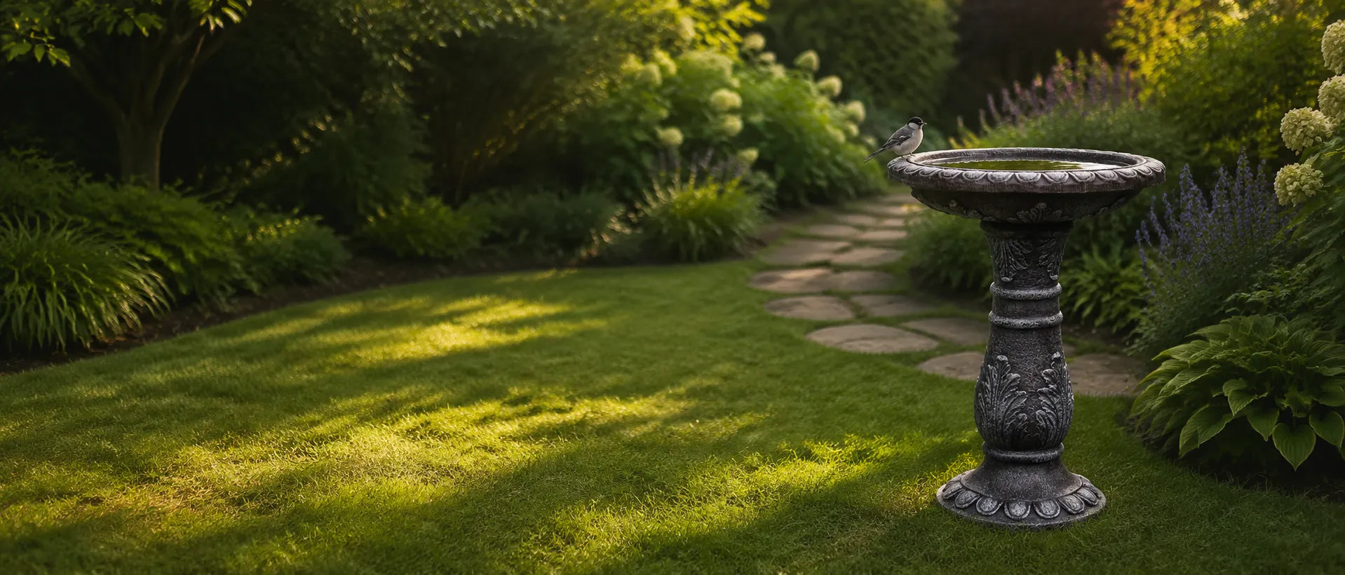 Concrete bird bath in a backyard garden with shallow water and natural landscaping