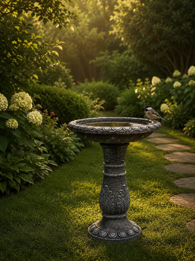 Concrete bird bath in a backyard garden with shallow water and natural landscaping