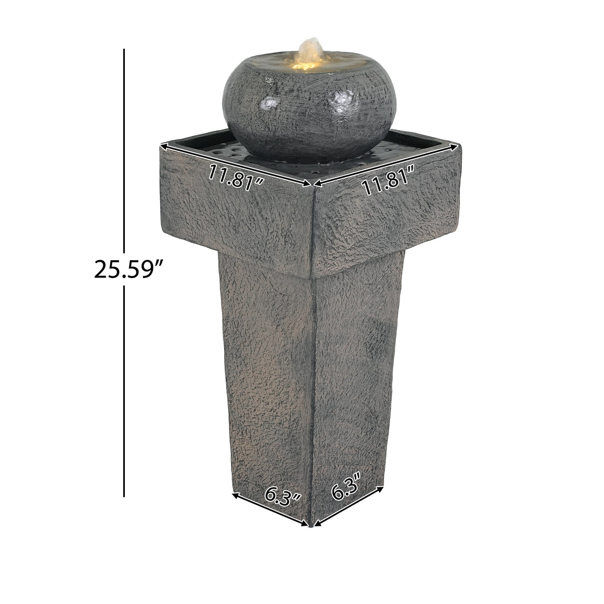 Concrete Orb Column Outdoor Water Fountain LED lit at night