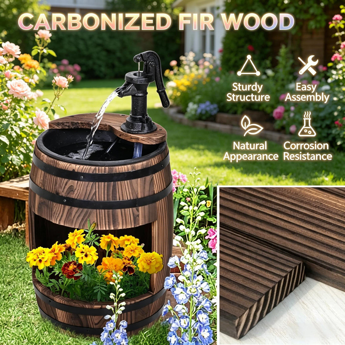 Wood and Iron Barrel Pump Fountain Planter 23 Inch product view