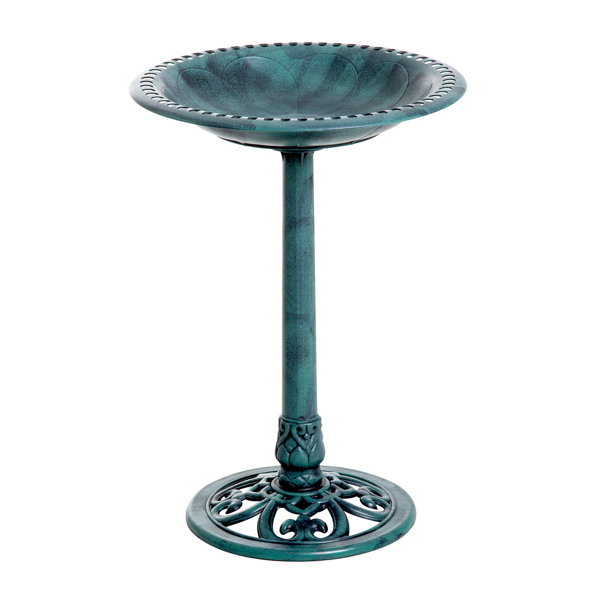 full view of fleur-de-lis green verdigris pedestal bird bath with shell basin