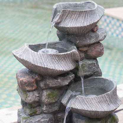 Resin Fluted Basin Tiered Outdoor Water Fountain 650 GPH LED lit at night