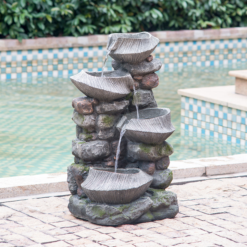 Resin Fluted Basin Tiered Outdoor Water Fountain 650 GPH in garden setting
