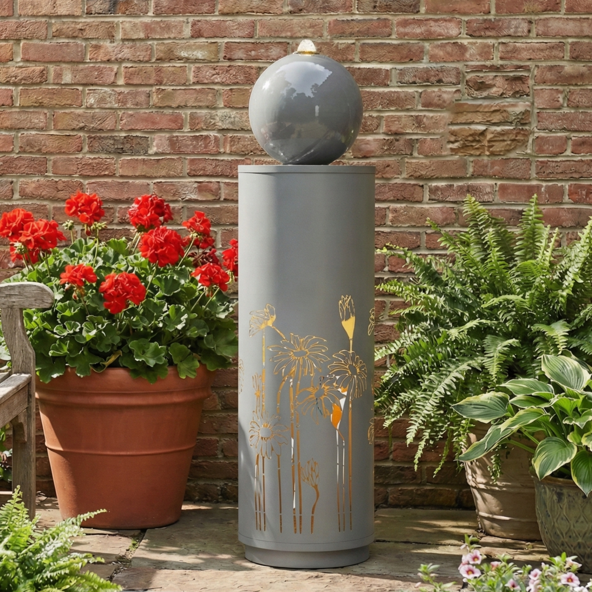 Metal Sphere Water Fountain Outdoor LED lit at night