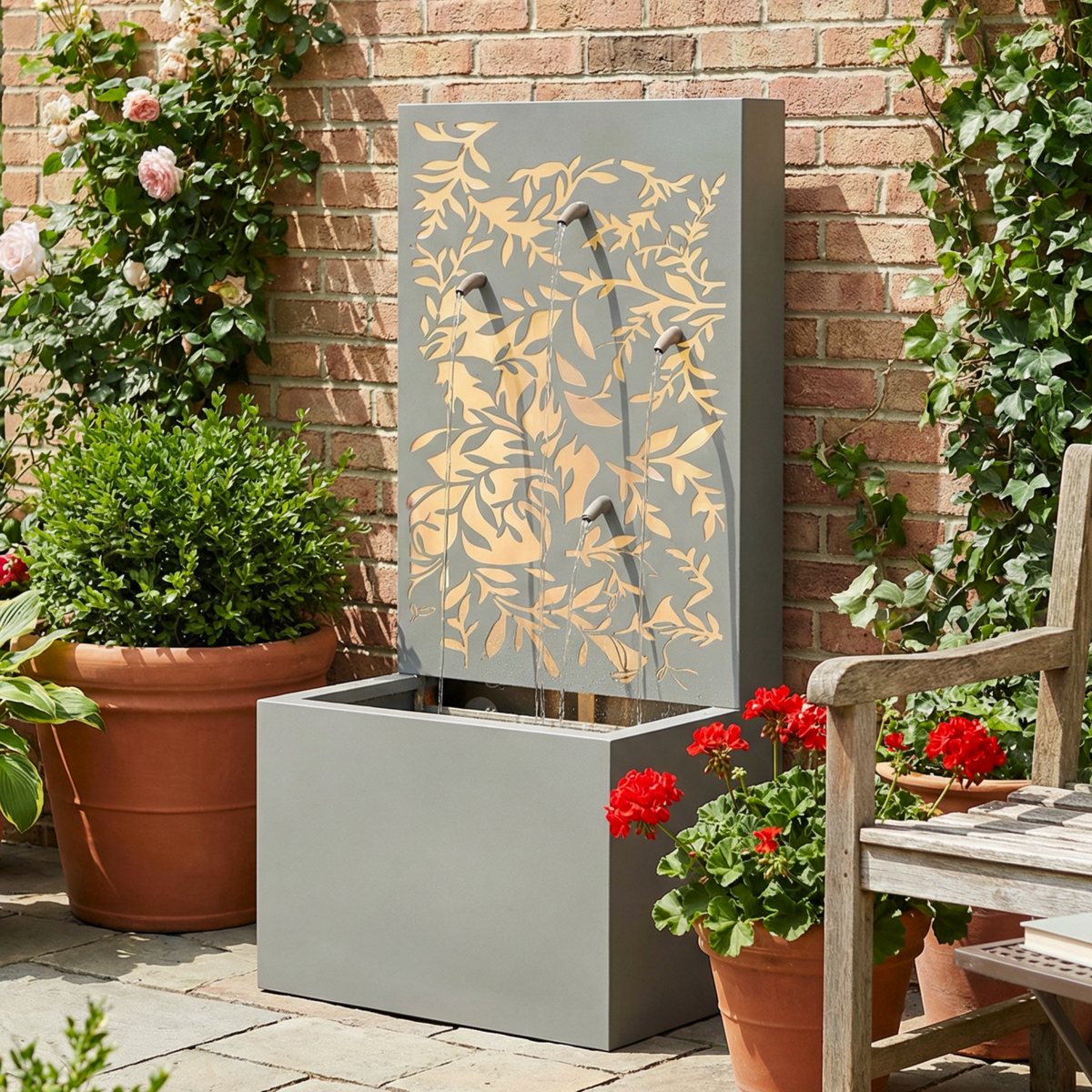 Metal Wall Fountain Outdoor Cut Leaf Panel Backlit LED lit at night