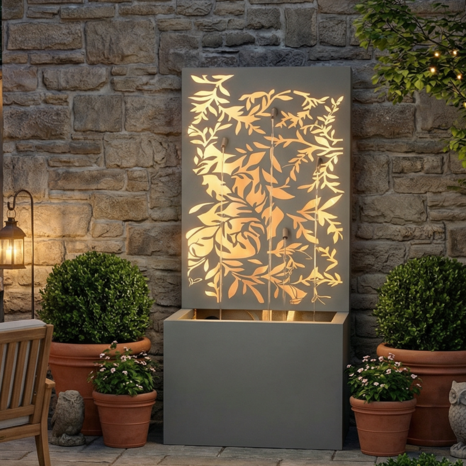 Metal Wall Fountain Outdoor Cut Leaf Panel Backlit in garden setting