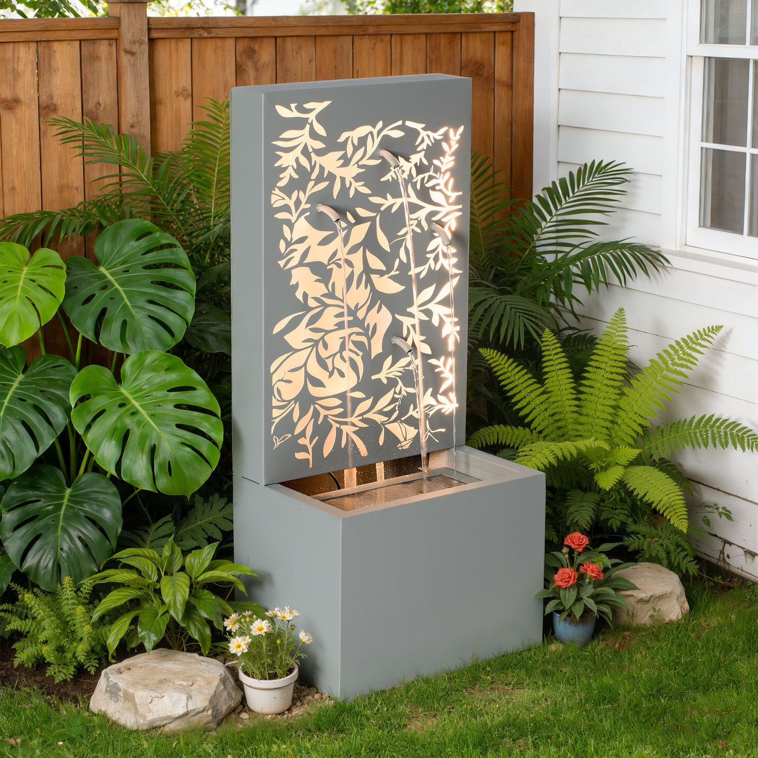 Metal Wall Fountain Outdoor Cut Leaf Panel Backlit dimensions and size