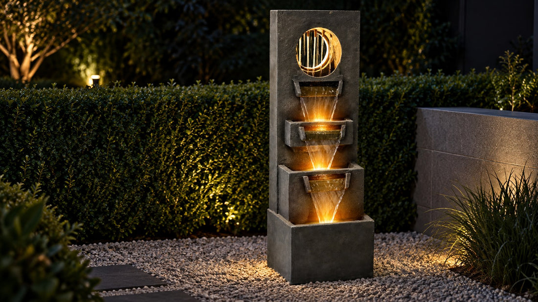 Modern resin moon gate fountain lit at night against a clipped hedge