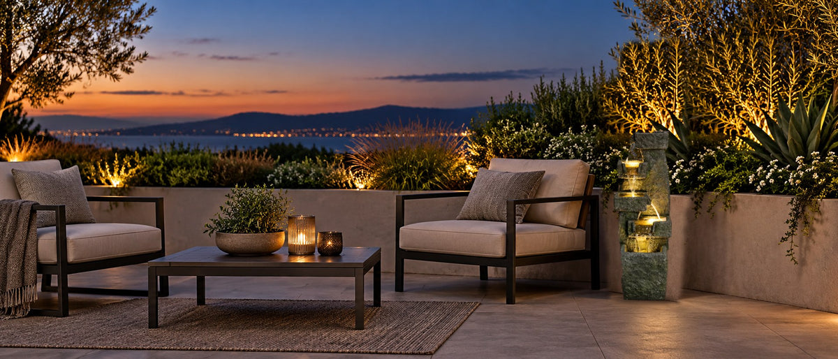 Modern tiered fountain with lit square bowls on a hillside terrace at dusk beside a lounge chair