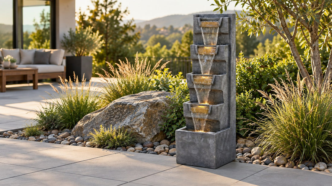 Modern tray waterfall fountain at the edge of a patio beside a boulder, grasses and river rock