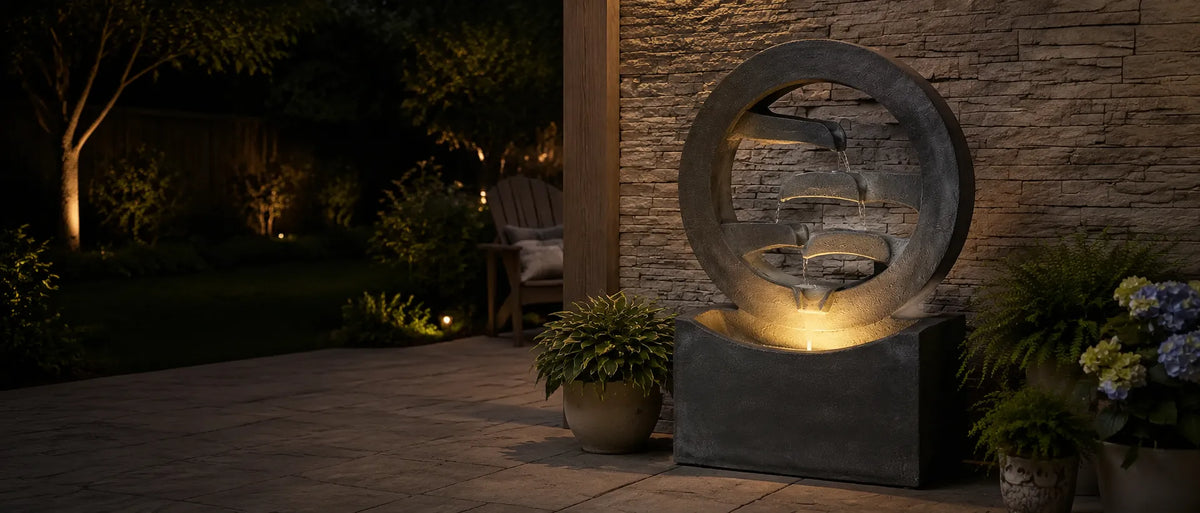 Self contained outdoor water fountain on a backyard patio with stone wall and garden plants