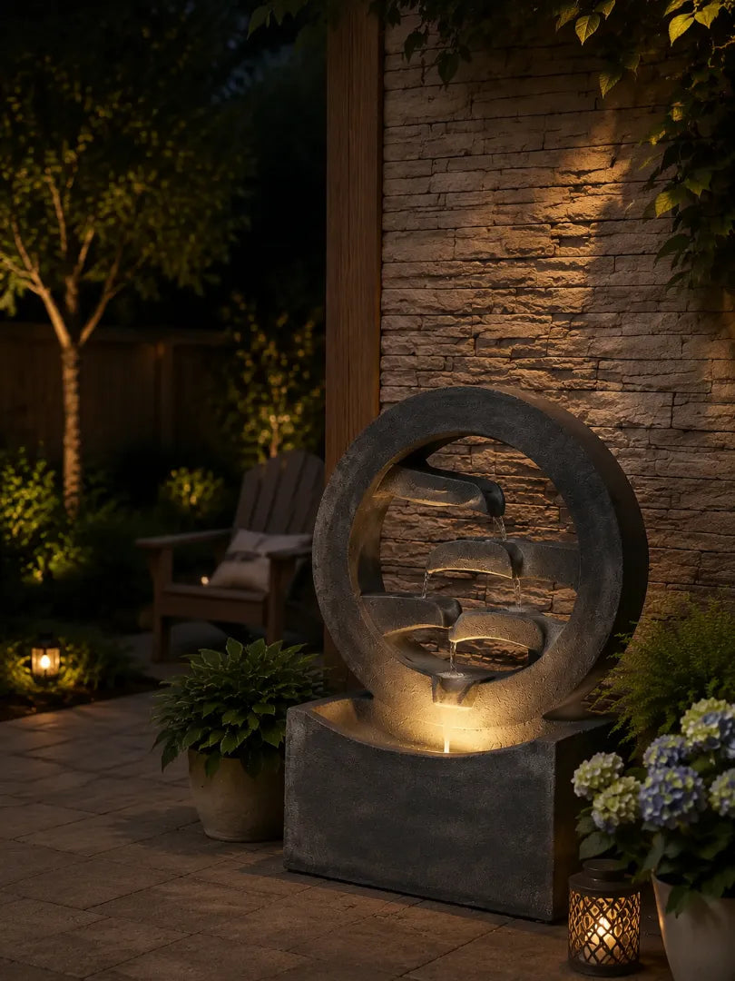 Self contained outdoor water fountain on a backyard patio with stone wall and garden plants