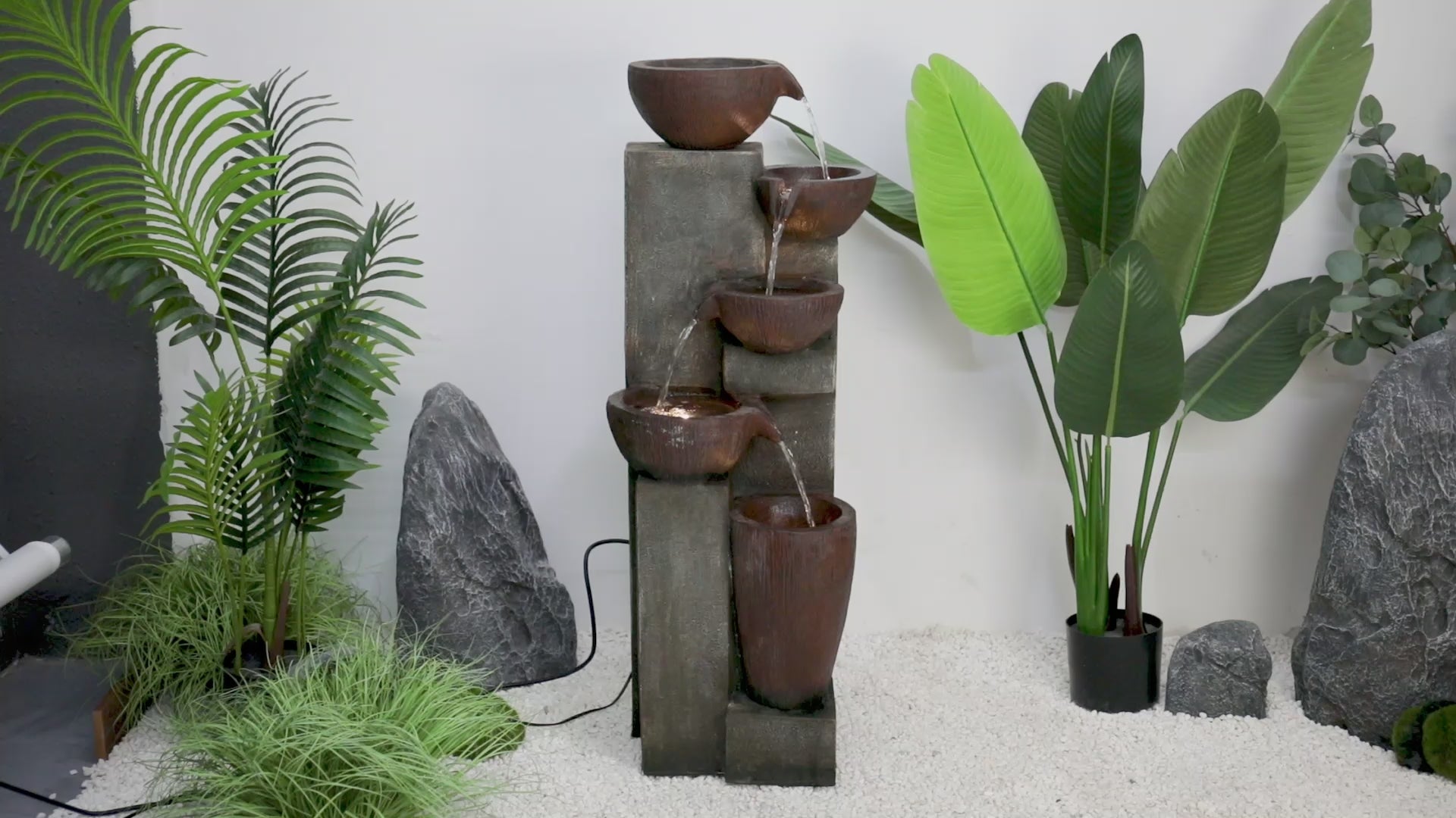 Video demonstration of the 5-tier cascading water flow and LED lighting on the copper-bowl outdoor fountain.