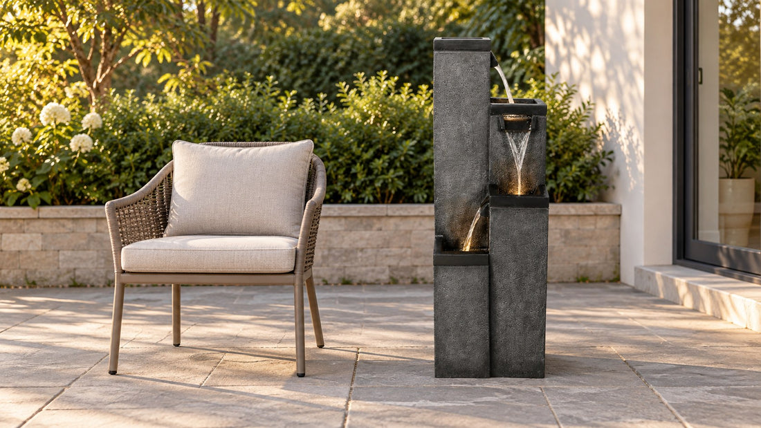 Modern resin four pillar fountain on a patio beside an outdoor chair