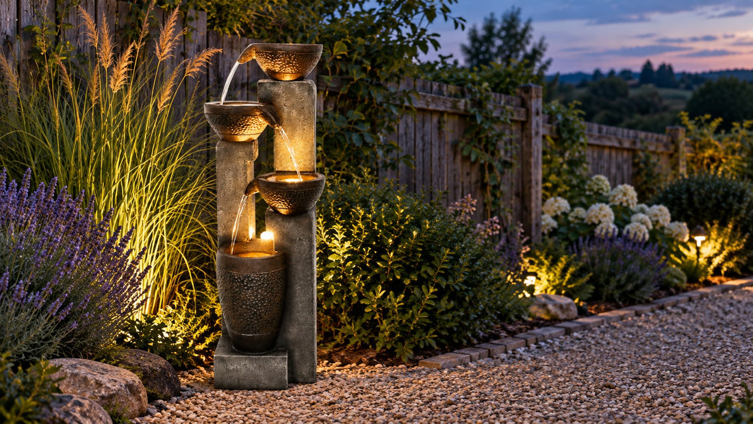 Resin bowl and column fountain lit at dusk beside lavender and tall grasses