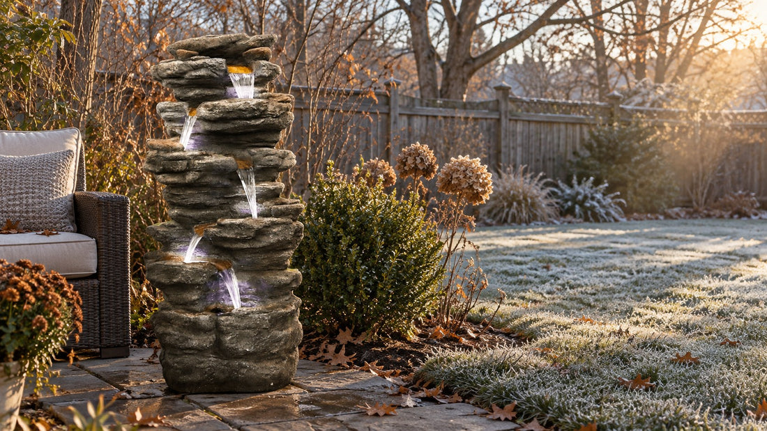 Resin slate ledge fountain running on a patio with frost on the lawn behind