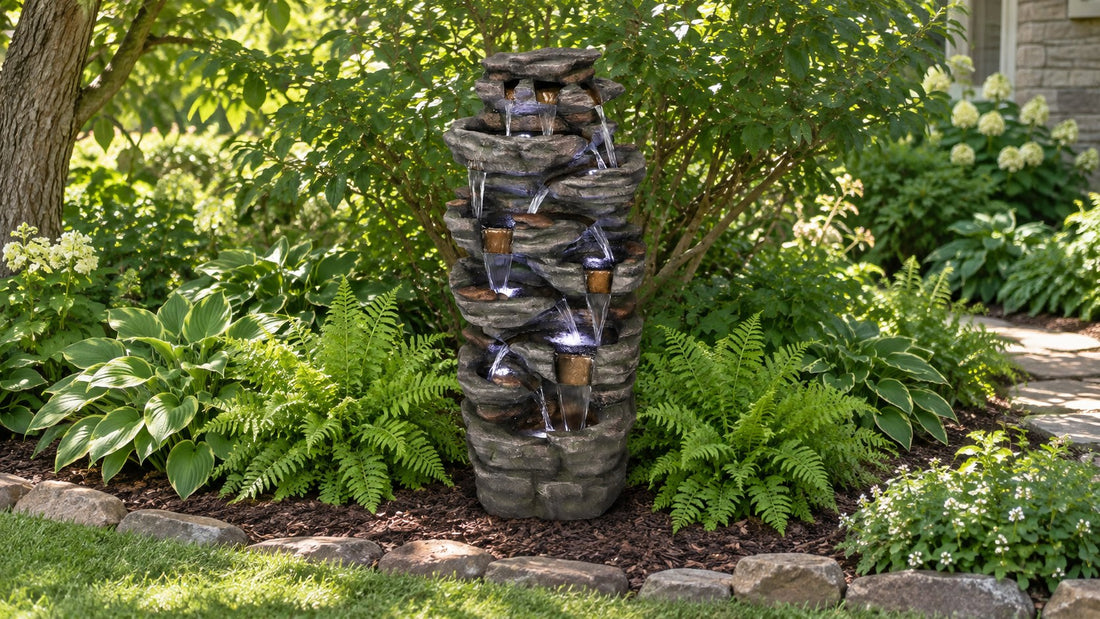 Tall resin stacked rock waterfall fountain in a garden bed of ferns and hostas