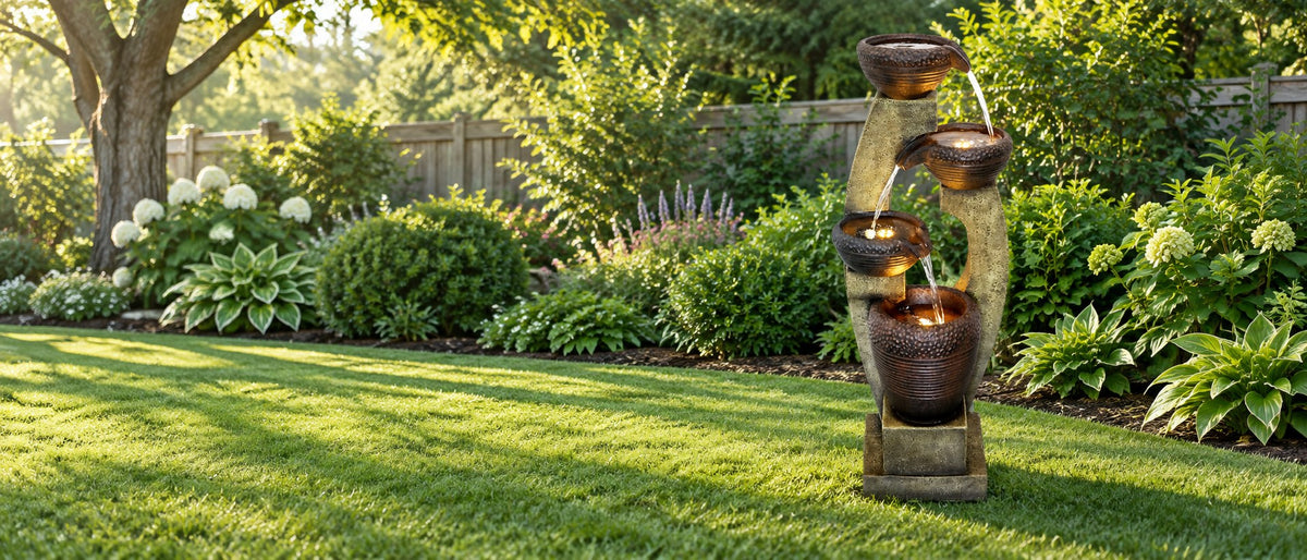 Resin curved bowl fountain running on a sunlit lawn beside a planting bed